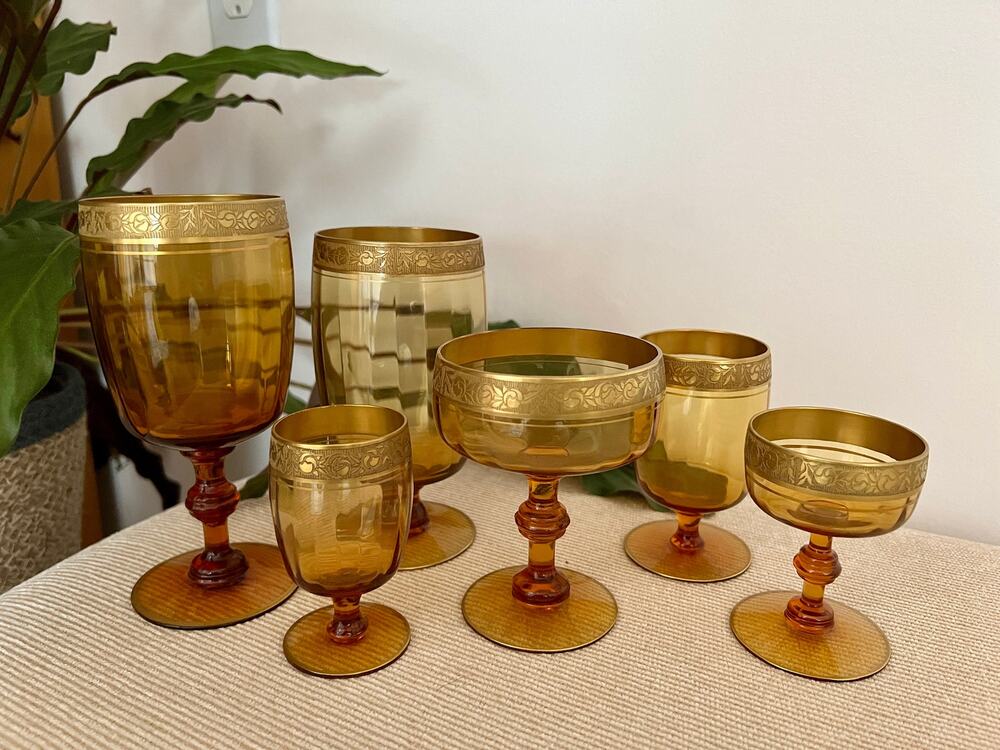 Amber Glass Stemware Service for 4 24 Pieces 1940s Gold Floral Rim Formal Set